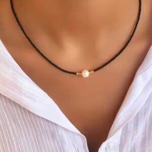 Dainty Black Beaded Choker w/freshwater pearl Waterproof Gold Chain Necklace